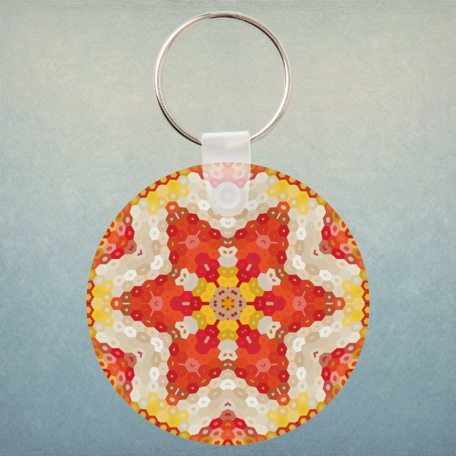 Hex Mandala Red and Yellow Key Ring (Red and Yellow Hexagon Mandala Keychain by Wormhole Orbital)