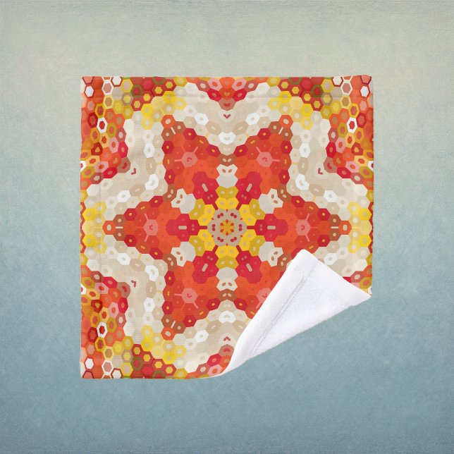 Hex Mandala Red and Yellow Wash Cloth (Red and Yellow Hexagon Mandala Wash Cloth by Wormhole Orbital)
