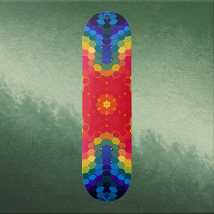 Hex Mandala Red Yellow and Blue Skateboard