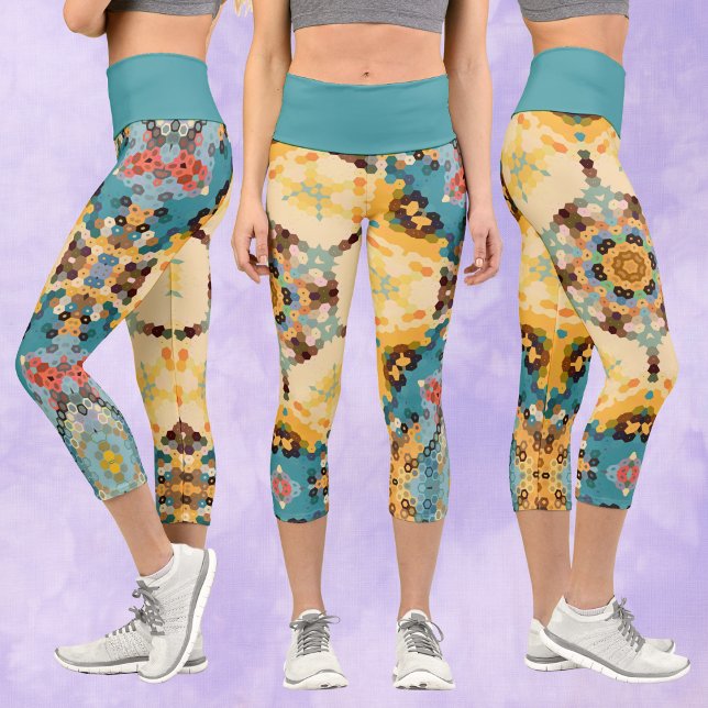 Hex Mandala Yellow and Blue Capri Leggings (Creator Uploaded)