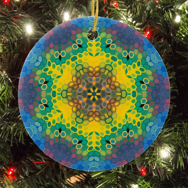 Hex Mandala Yellow Blue and Pink Ceramic Tree Decoration (Yellow Blue and Pink Hexagon Mandala Christmas Ornament from Wormhole Orbital)