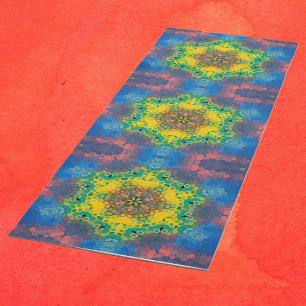 Hex Mandala Yellow Blue and Pink Yoga Mat