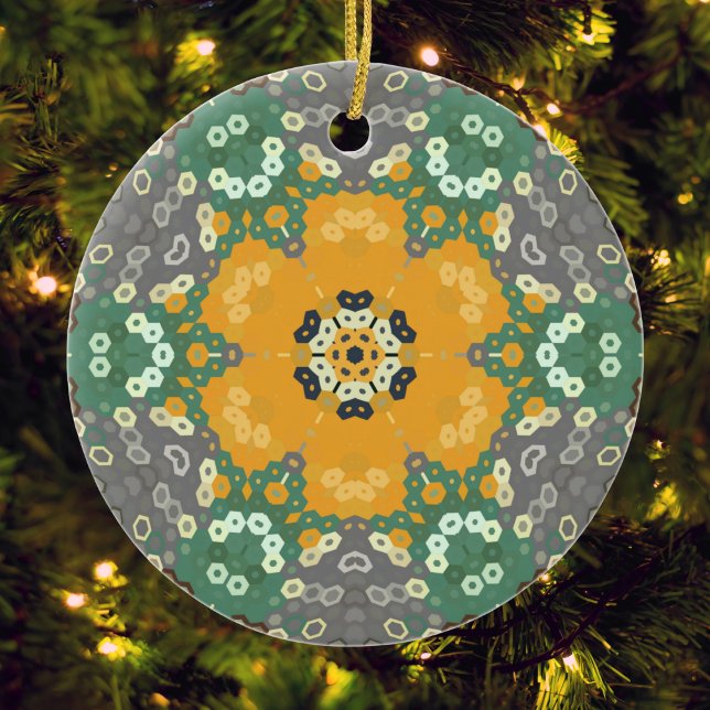 Hex Mandala Yellow Teal and Brown Ceramic Tree Decoration (Yellow Teal and Brown Hexagon Mandala Ornament by Wormhole Orbital)