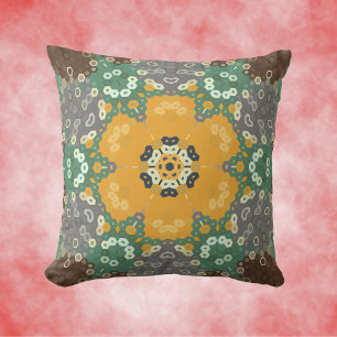 Hex Mandala Yellow Teal and Brown Cushion