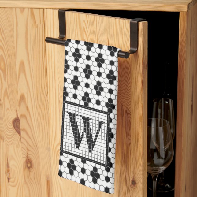 Hex Tile Print Monogram kitchen towel (Thirds Fold)
