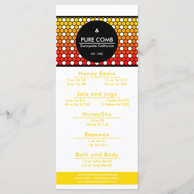 Hexa Honeycomb Apiary Honey Bee Menu (Front)