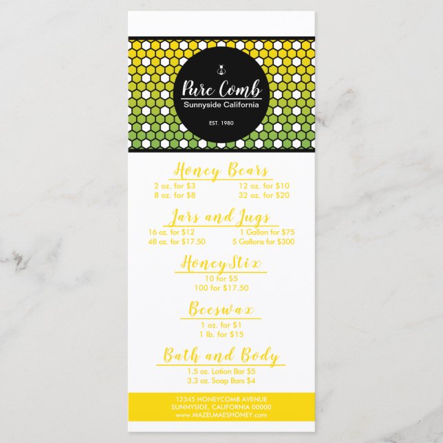 Hexa Honeycomb Apiary Honey Menu (Front)