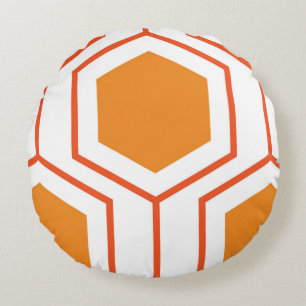 Hexagon abstract geometrical pattern in orange and round cushion