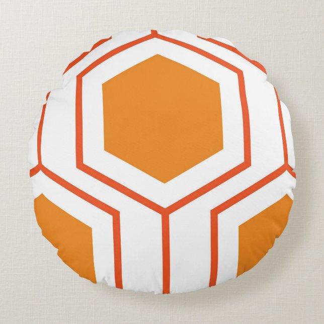 Hexagon abstract geometrical pattern in orange and round cushion (Front)