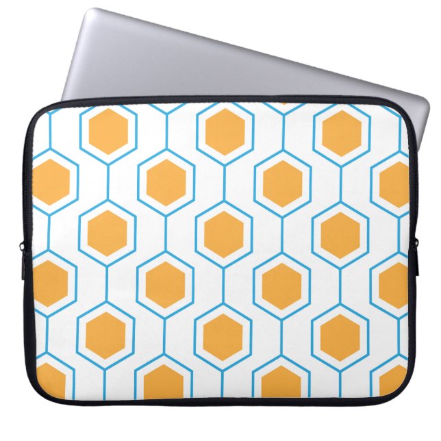 Hexagon abstract geometrical pattern in orange blu laptop sleeve (Front)
