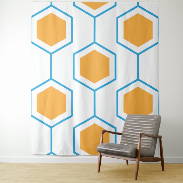 Hexagon abstract geometrical pattern in orange blu tapestry (In Situ)
