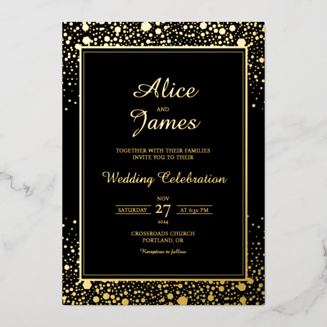 Hexagon Border Elegant Black Gold Foil Wedding (Front)