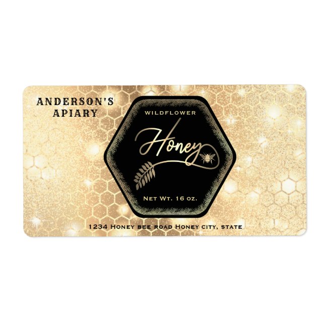 Hexagon branch  gold bee honey jar  (Front)