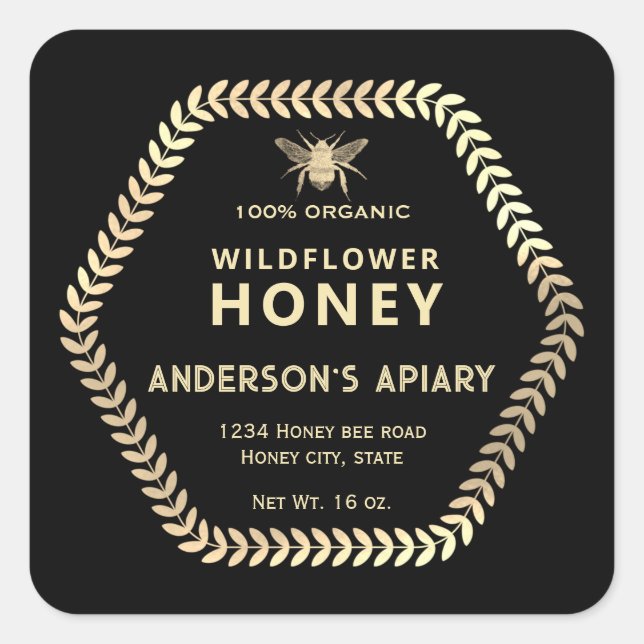 Hexagon branch  gold bee honey jar square sticker (Front)