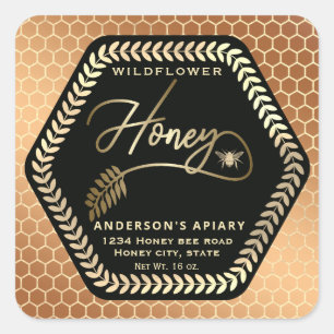 Hexagon branch gold bee honey jar square sticker