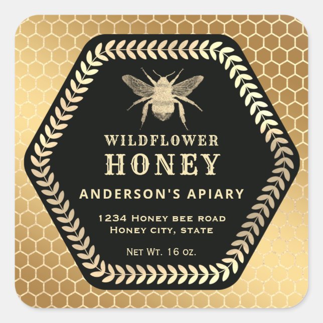 Hexagon branch  gold bee honey jar square sticker (Front)