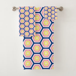 Hexagon flowers pattern blue pink yellow bath towel set