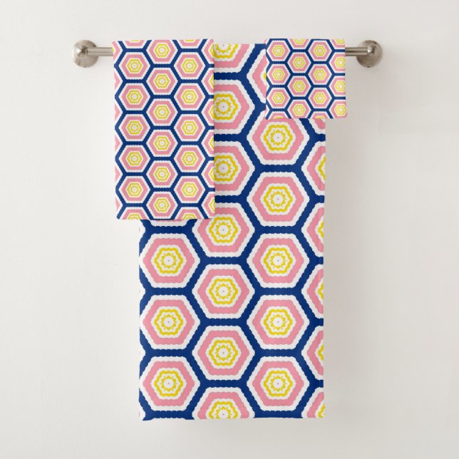 Hexagon flowers pattern blue pink yellow bath towel set (Insitu)