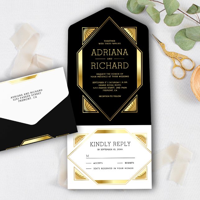Hexagon Frame Black and Gold Foil Art Deco Wedding All In One Invitation (Creator Uploaded)