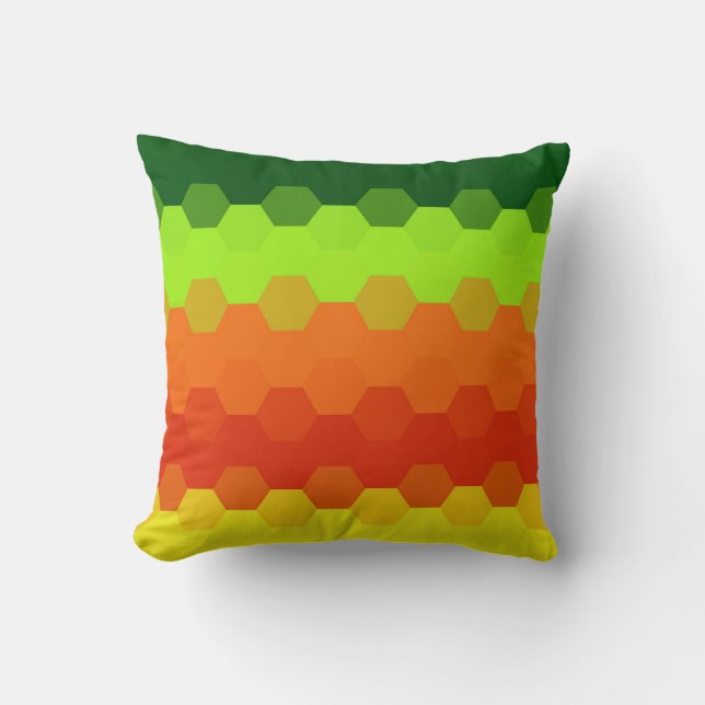 Hexagon Green Lime Orange Red Yellow Retro Stripes Cushion (Front)