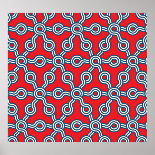 Hexagon grid, red blue, geometric pattern. poster