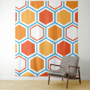 Hexagon in orange, blue and white tapestry