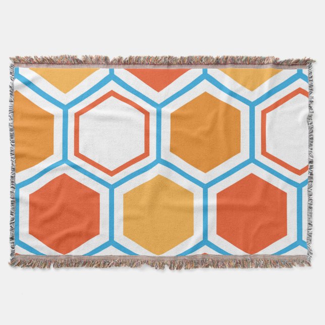 Hexagon in orange, blue and white throw blanket (Front)