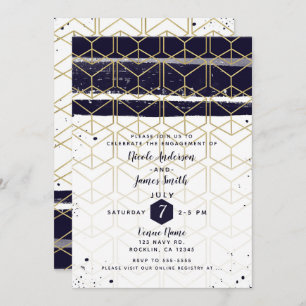Hexagon Modern Navy Blue Gold Geometric Engagement Invitation