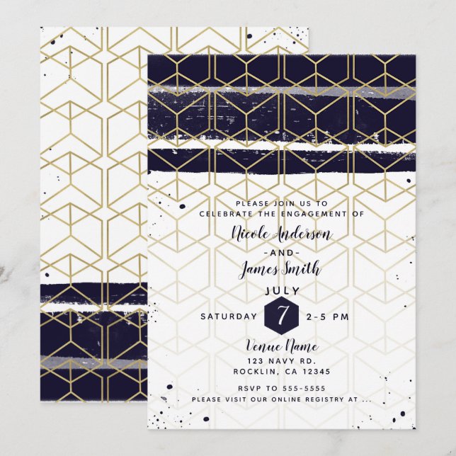 Hexagon Modern Navy Blue Gold Geometric Engagement Invitation (Front/Back)