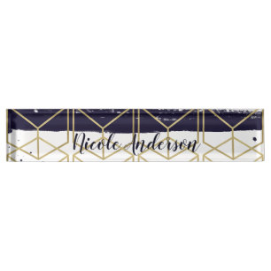 Hexagon Modern Navy Blue Gold Geometric Glam Nameplate
