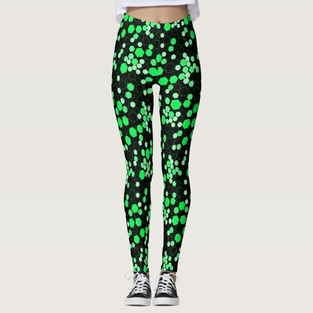 Hexagon pattern 02b.Green Black BG Leggings (Front)