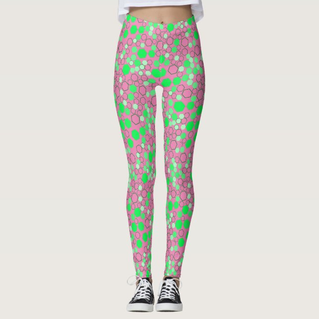 Hexagon pattern 02b.Green Pink BG Leggings (Front)