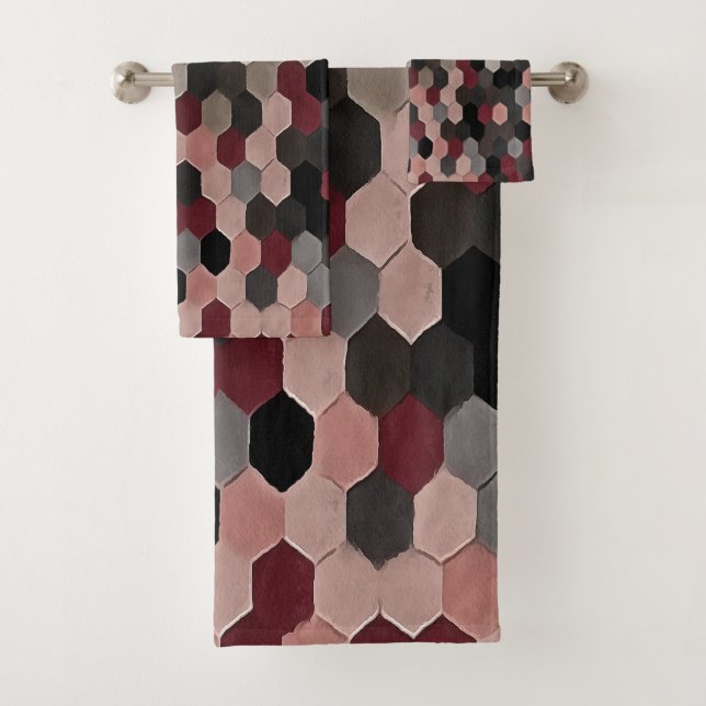 Hexagon Pattern In Grey and Burgundy Autumn Bath Towel Set (Insitu)