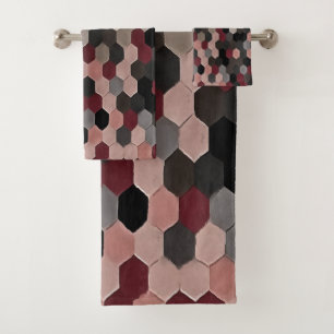 Hexagon Pattern In Grey and Burgundy Autumn Colour Bath Towel Set