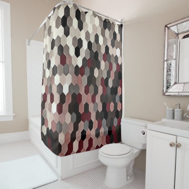 Hexagon Pattern In Grey and Burgundy Autumn Colour Shower Curtain (In Situ)