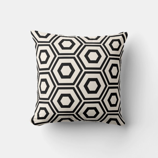 Hexagon Pattern Ivory on Black Cushion (Front)