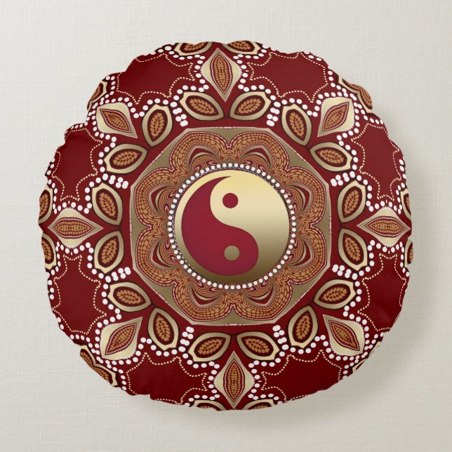 Hexagon Red Earth Gold Yin Yang Feng Shui Mandala Round Cushion (Front)