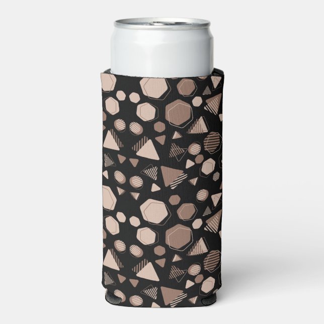 Hexagon & Triangle Pink & Brown on Black Pattern  Seltzer Can Cooler (Seltzer Front)