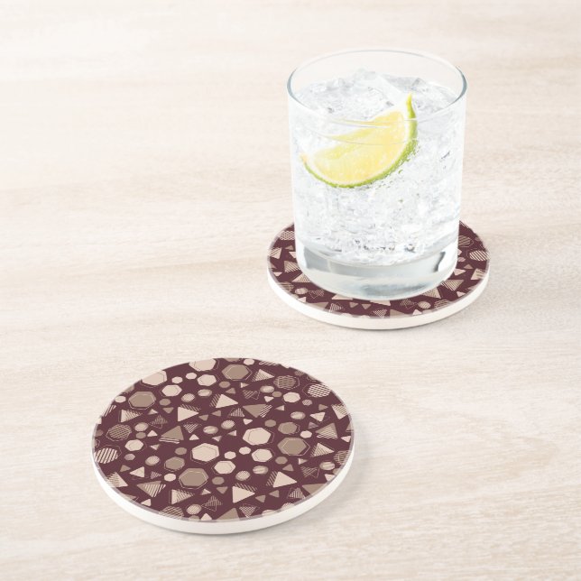 Hexagon & Triangle Pink & Brown on Maroon Pattern  Coaster (Side)