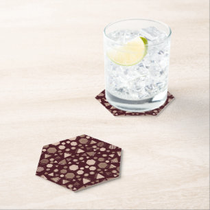 Hexagon & Triangle Pink & Brown on Maroon Pattern Paper Coaster