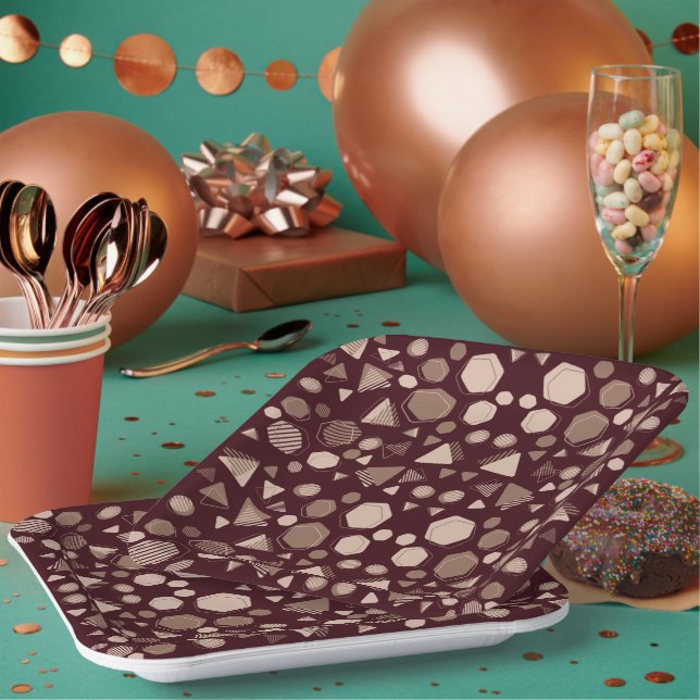 Hexagon & Triangle Pink & Brown on Maroon Pattern  Paper Plate (Multi)