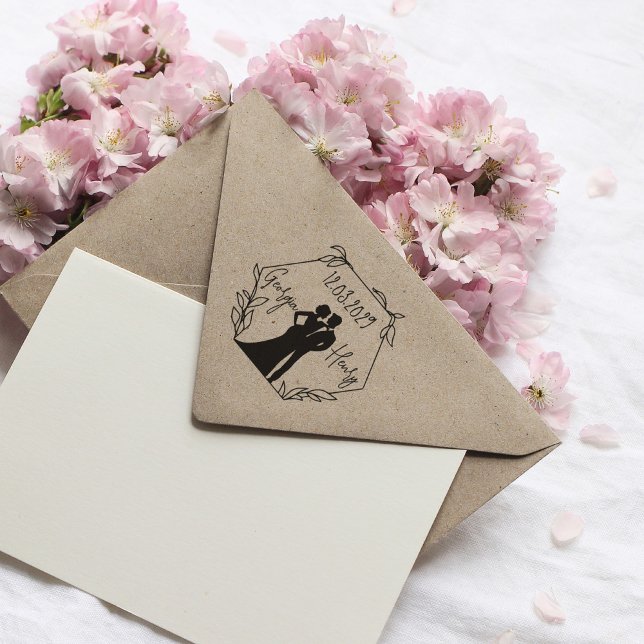 Hexagon Wedding Stamp with Couple Silhouette (hexagonal grame with lleaves and couple inside with custom names and date)
