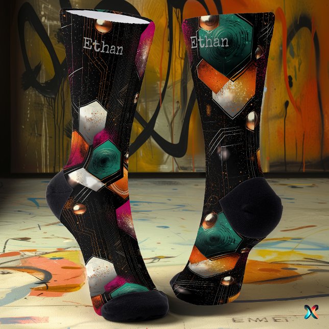 Hexagonal Abstract in Emerald, Orange on Black Socks (Creator Uploaded)