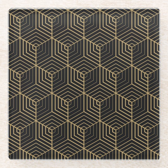 Hexagonal Harmony: Art Deco Elegance Glass Coaster (Front)