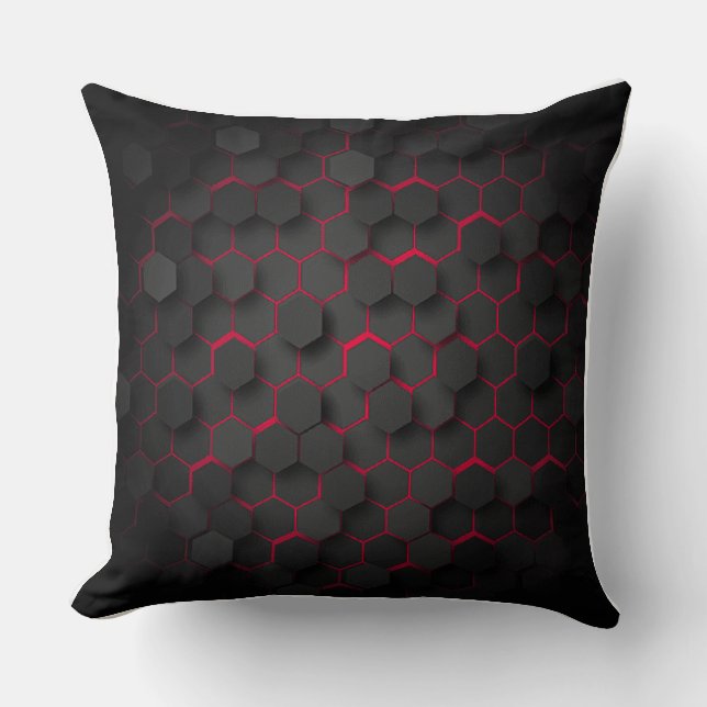 Hexagonal Harmony Bold Black and Red Polyester Cushion (Front)