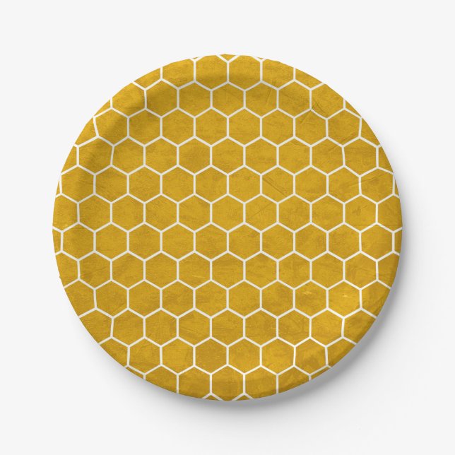 Hexagonal Hexagon Pattern Yellow Paper Plate (Front)
