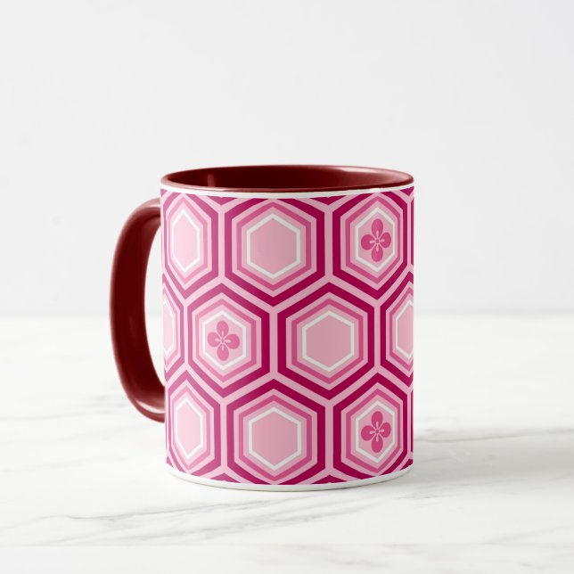 Hexagonal Kimono Print, Burgundy and Pink Mug (Front Left)