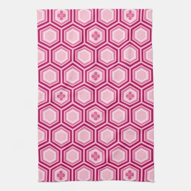 Hexagonal Kimono Print, Burgundy and Pink Tea Towel (Vertical)