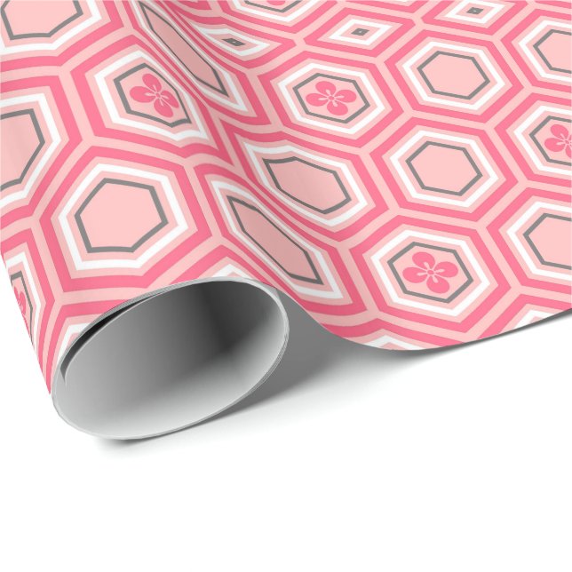 Hexagonal Kimono Print, Coral Pink and White Wrapping Paper (Roll Corner)
