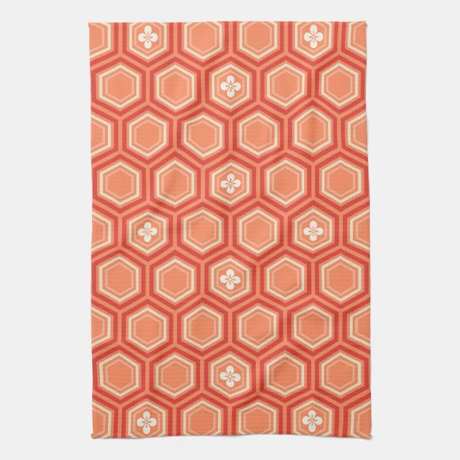 Hexagonal Kimono Print, Mandarin Orange Tea Towel (Vertical)